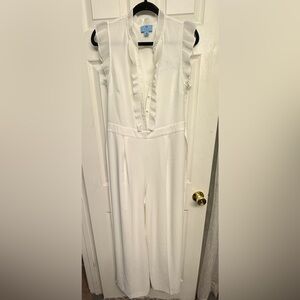 CeCe White Ruffle-Front Wide Leg Jumpsuit